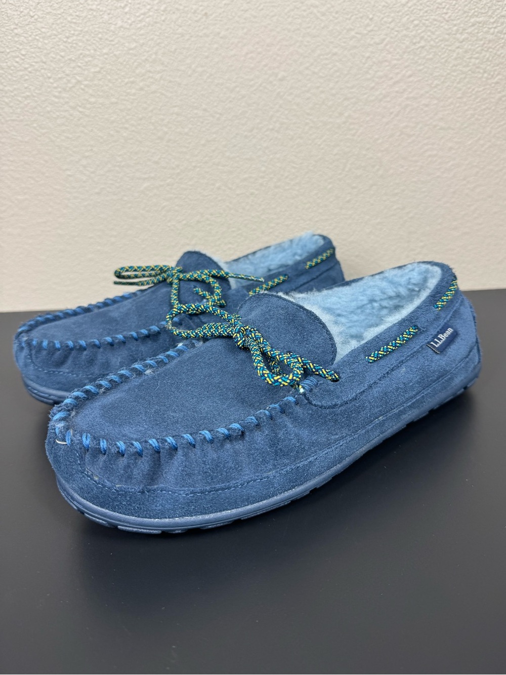 L.L.Bean Sherpa Moccasin Slippers Shoes with Rubber Soles Navy EUC